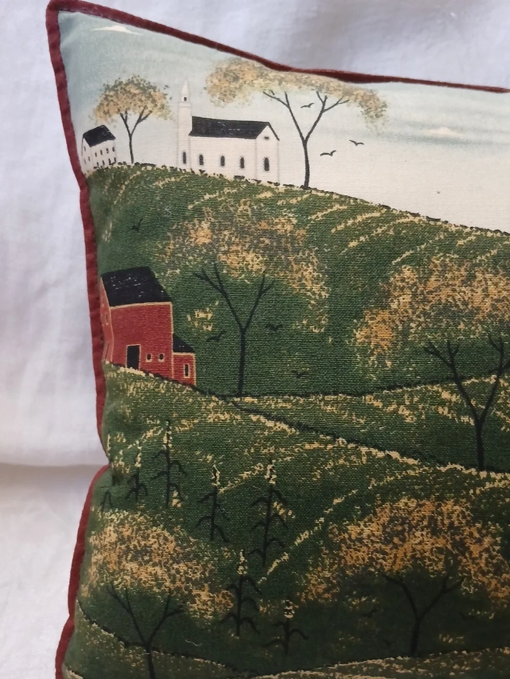 Decorative Small Throw Pillow Folk-Art Rolling Hills Countryside Village